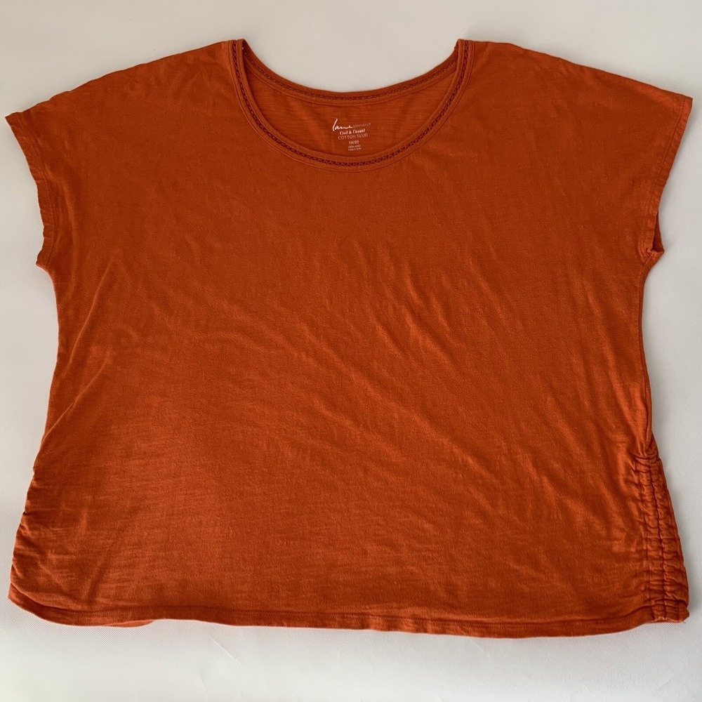 Lane Bryant Top Women 18/20 Orange Slub Cotton Ruched Side Short Sleeve‎ Shirt